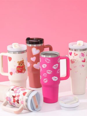 40 Oz Tumbler With Handle Straw Insulated, Stainless Steel Spill Proof Vacuum Coffee Cup Gifts For Valentine